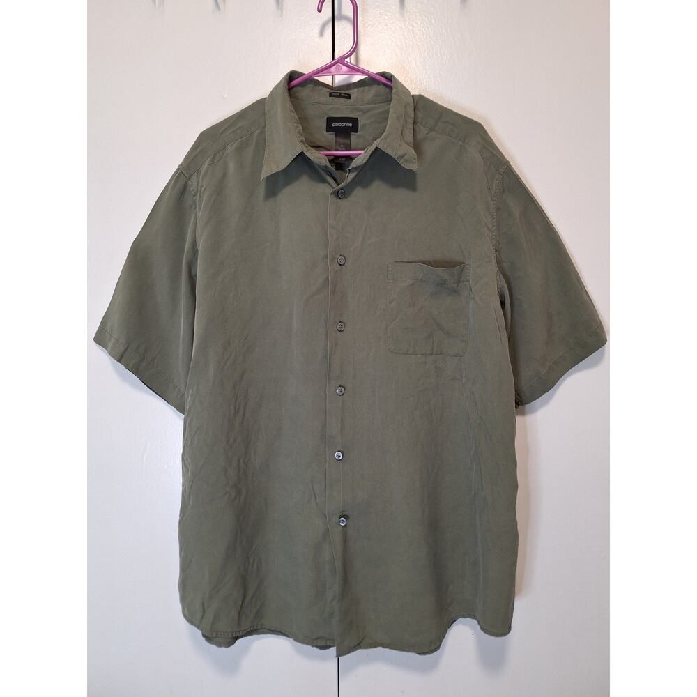 Clairborne Mens Silk Button Up Short Sleeve Shirt Olive Green Size XL